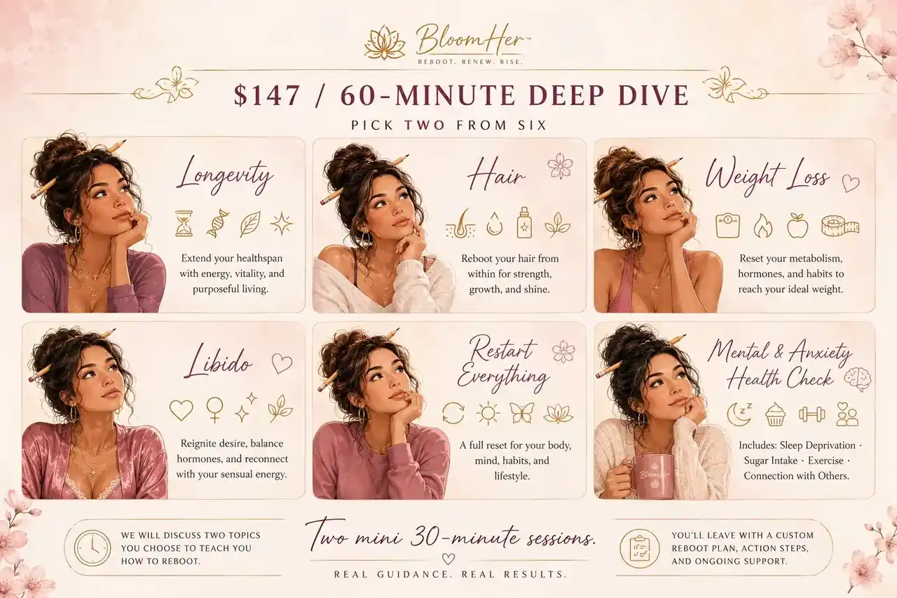 $197 one-hour deep dive. Pick two from six: Longevity, Hair, Weight Loss, Libido, Restart Everything, Mental and Anxiety Health Check.
